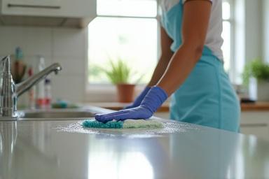 A technician deep cleaning a kitchen countertop and sink